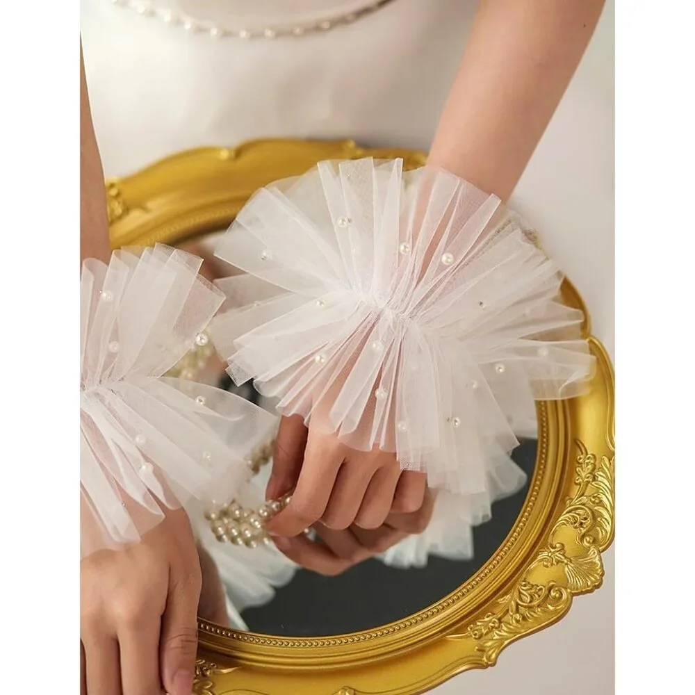 Women's Fingerless Green Tulle Pearl Short Lace Gloves Hallowmas Accessory